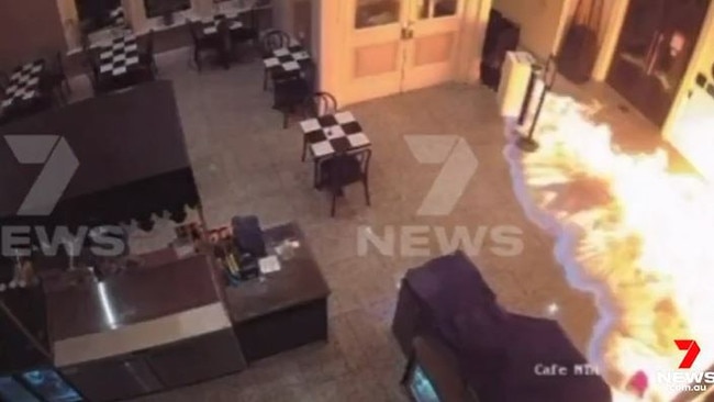 They then threw a lit flame into the hallway, where the fire quickly spreads. Picture: 7NEWS