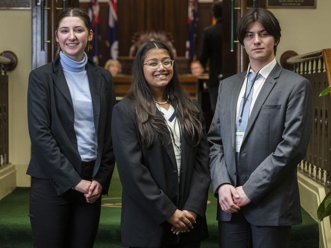 Tasmanian Youth Parliament, Lyn Barry 17 (Hobart College), Saila Perera 15 (Huonville High School) and Lucian Beattie 17 (Hobart College). Picture: Chris Kidd