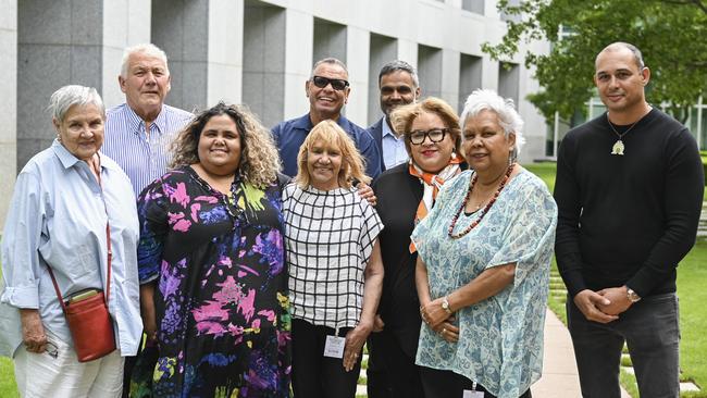 The Referendum Working Group addresses the media after meeting with Anthony Albanese and Peter Dutton at Parliament House. (L-R): Pat Anderson, Rodney Dillon, Sally Scales, Sean Gordon, Geraldine Atkinson, Dale Agius, Megan Davis, Jackie Huggins and Thomas Mayo