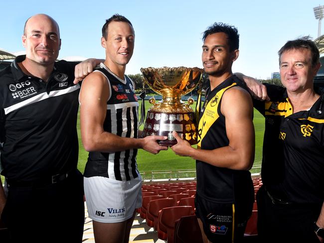 SANFL grand final presser. Port Adelaide Coach Matt Lokan and Captain Cam Suttcliffe and Glenelg Vice Captain Marlon Motlop and Coach Mark Stone at Adelaide Oval. Picture: Tricia Watkinson