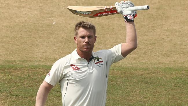 David Warner celebrates after scoring his century during day three of the Second Test against Bangladesh.