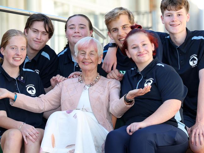 BEST TEACHERS CAMPAIGN.  Assistant Principal Lesley Foster of Heatherwood School Donvale has been recognised as one of Victoria's longest serving educators. Assistant Principal Lesley Foster surrounded by her School Captain Phoebe Edwards, Blake Shadbolt, Jade Soll Francis, Piotr Piosick, Jasmine Silcox and Oscar Payne.                                                              Picture: David Caird