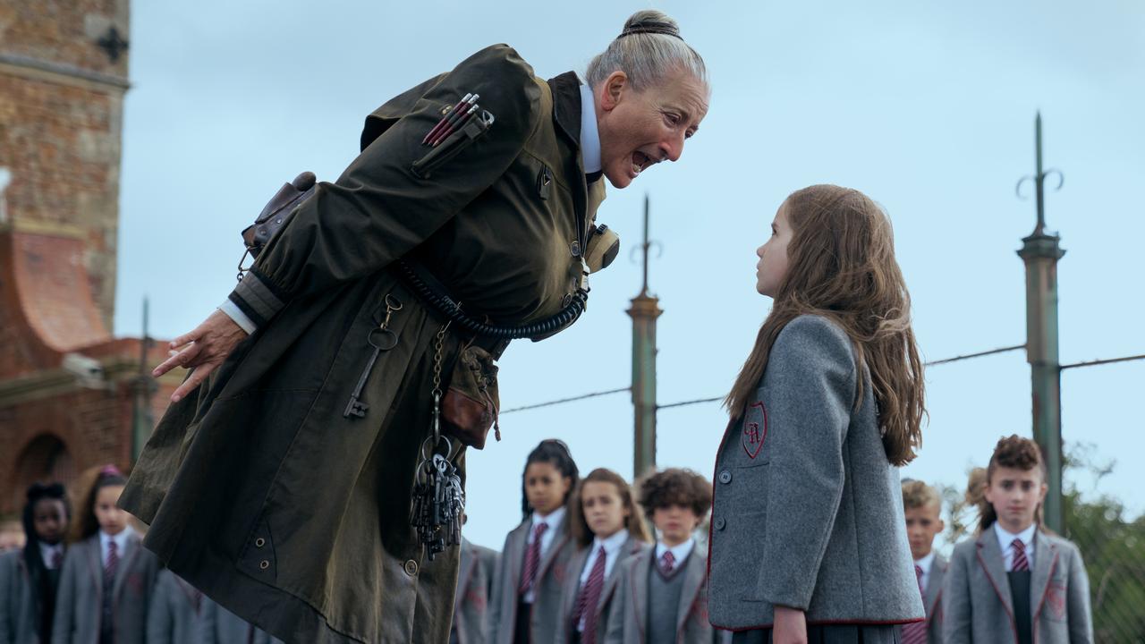 Emma Thompson as Agatha Trunchbull, Alisha Weir as Matilda in Roald Dahl's Matilda the Musical.