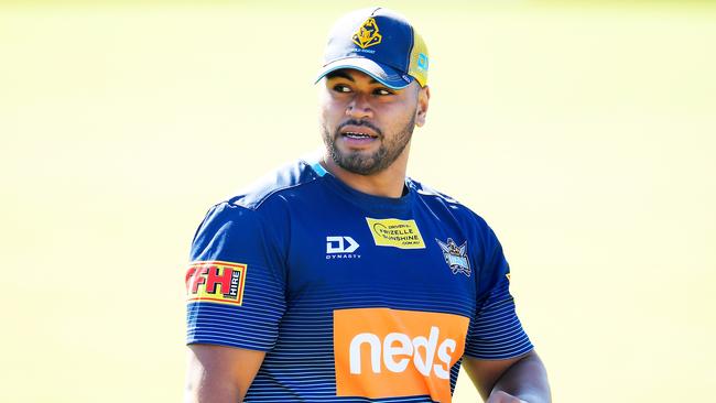 Sam Lisone looks on during a Gold Coast Titans NRL training session at the Titans High Performance Centre on the Gold Coast, Tuesday, June 2, 2020. (AAP Image/Albert Perez)