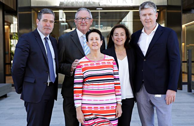 Healthscope CEO Gordon Ballantyne, Mr Hazzard, former Northern Beaches Hospital CEO Deborah Latta, surgeon Stuart Pincott and former medical director Louise Messara outside the hospital. Picture: Adam Yip.