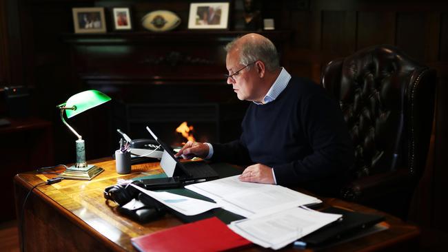 Scott Morrison prepares his pre-budget address at The Lodge in Canberra on Wednesday. Picture: Adam Taylor