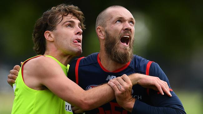 Austin Bradtke and Max Gawn at Melbourne training before the shutdown. Picture: Getty Images