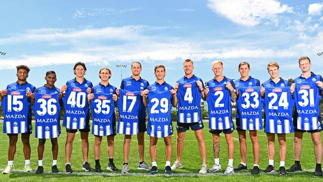 North Melbourne’s new recruits and their jumper numbers (from left): Atu Bosenavulagi, Phoenix Spicer, Eddie Ford, Charlie Lazzaro, Lachie Young, Will Phillips, Aidan Corr, Jaidyn Stephenson, Patrick Walker, Tom Powell and Connor Menadue. Picture: Getty Images