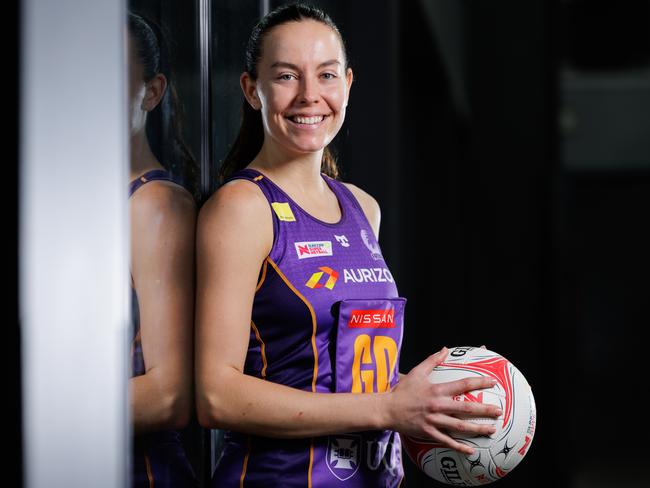 HOLD FOR SUNDAY MAIL 6/4.  Firebirds co-captain Ruby Bakewell-Doran at Nathan Arena ahead of the start of the 2025 Super Netball season. Picture Lachie Millard
