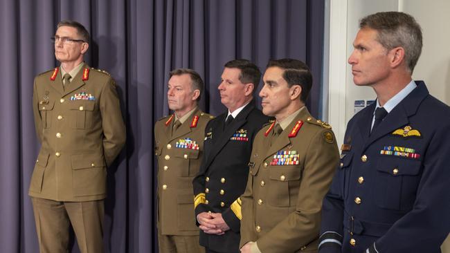 Chief of the Defence Force General Angus Campbell, Chief of Joint Operations Lieutenant General Greg Bilton, Chief of Navy Rear Admiral Mark Hammond, Chief of Army Major General Simon Stuart, Chief of Air Force Air Vice-Marshal Robert Chipman at Parliament house, Canberra. Picture: NCA NewsWire / Martin Ollman