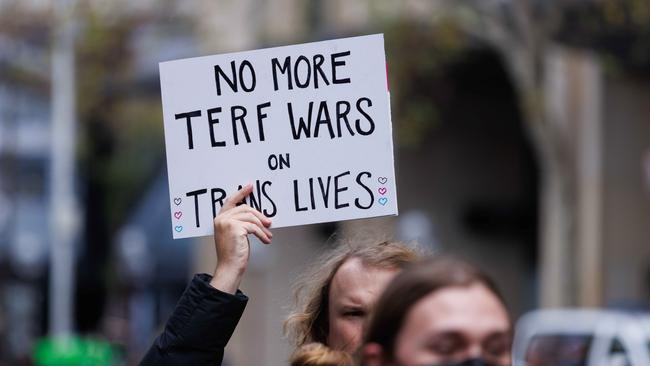 The protesters labelled the women inside as ‘TERFS’ or ‘Trans Exclusionary Radical Feminists’, meaning they don’t accept transgender women as women. Picture: NCA NewsWire / David Swift