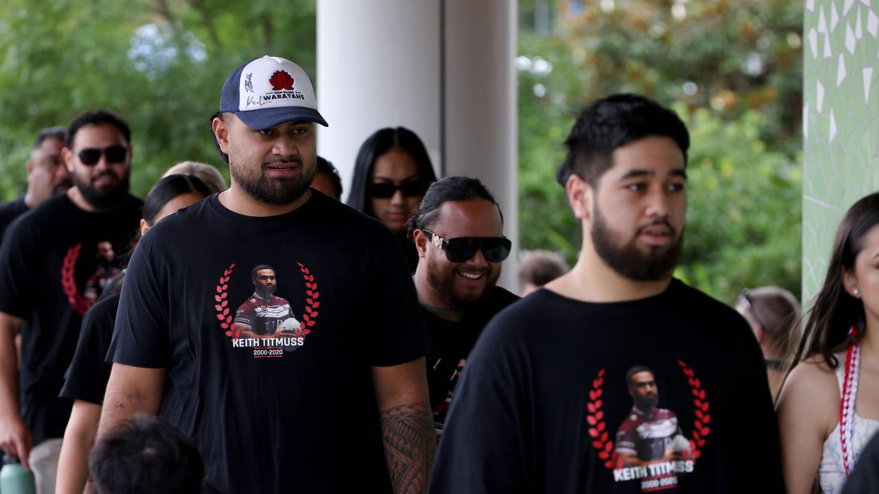 Family and supporters dressed in shirts bearing the late player’s face. Picture: NCA NewsWire / Damian Shaw