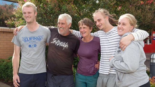 Missing Melbourne couple Trevor Salvado and Jacinta Bohan with their clearly relieved children Isaac, Nathan and Rachel. Picture: Sarah Matray