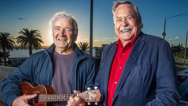 Footy Legend John Townsend plays a tune for Ron Barassi. Picture: Jay Town