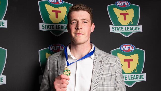 Lauderdale's Sam Siggins crowned the 2023 Tasmanian State League's Alastair Lynch Medalist. Picture: Linda Higginson.