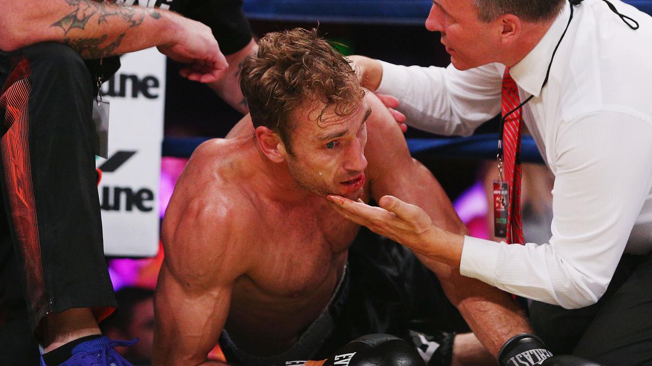 Tuck lies on the ground after being knocked out in his bout with Lucas Miller in 2015. Picture: Michael Dodge/Getty Images