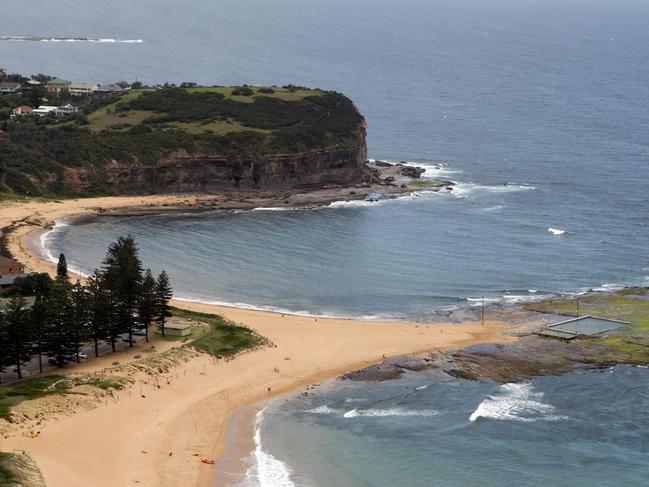 Ariel photos of Sydney's Northern Beaches from the Surf watch Helicopter. Mona Vale Beach showing the Basin between the pool & headland where a man was bitten by a shark on thursday morning.