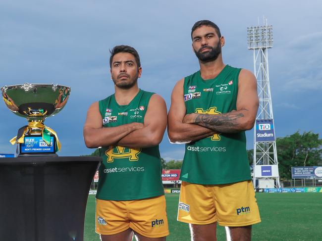 St Mary’s co-captain Raph Clarke (right) won the 2020-21 NTFL Grand Final Chaney Medal, a standout in the losing Saints side in an extra-time thriller. Picture: Glenn Campbell