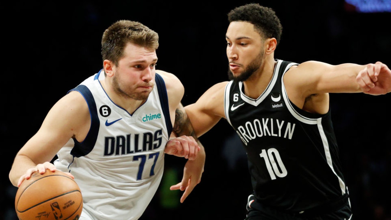 NEW YORK, NEW YORK - OCTOBER 27: Luka Doncic #77 of the Dallas Mavericks dribbles against Ben Simmons #10 of the Brooklyn Nets during the second half at Barclays Center on October 27, 2022 in the Brooklyn borough of New York City. The Mavericks won 129-125. NOTE TO USER: User expressly acknowledges and agrees that, by downloading and or using this photograph, User is consenting to the terms and conditions of the Getty Images License Agreement. (Photo by Sarah Stier/Getty Images)