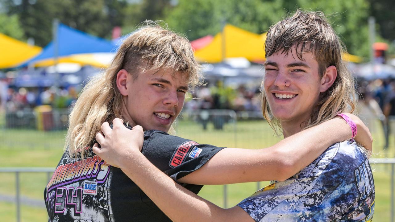 Jake and Jye Harris vying for best mullet at the VALO Adelaide 500. Picture: Brenton Edwards