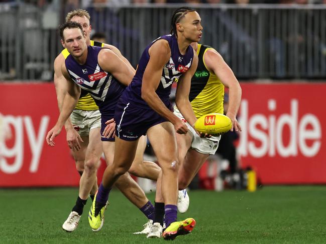 Joshua Draper in action against the Tigers earlier this year. Picture: Will Russell/AFL Photos via Getty Images.