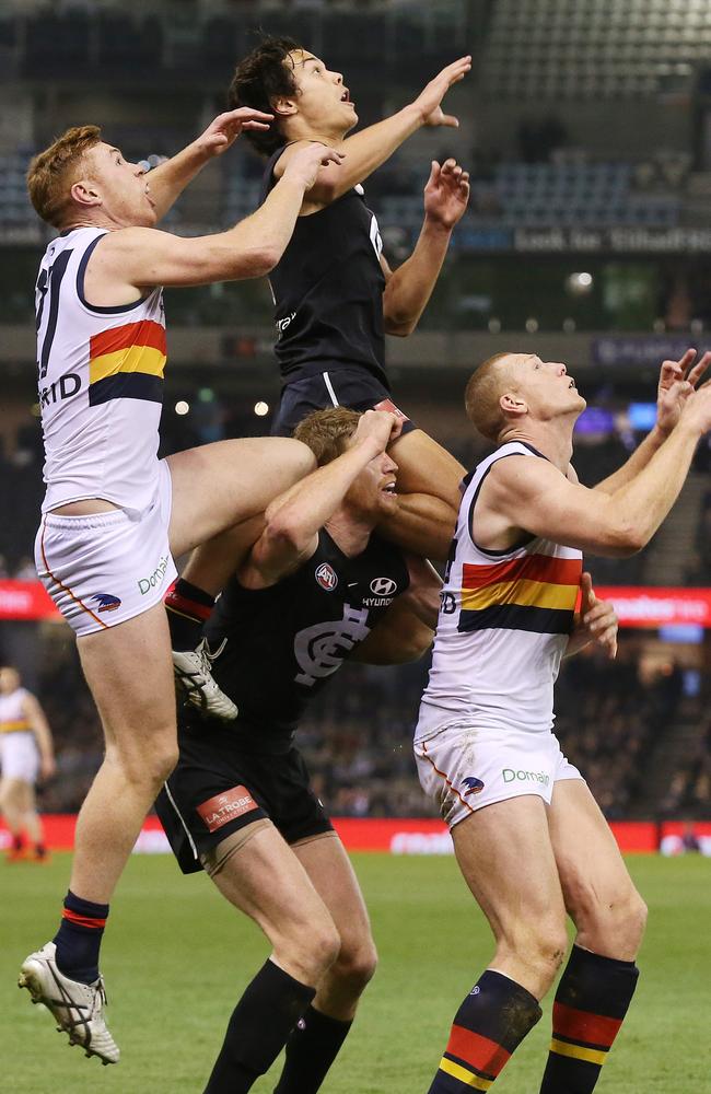 Jack Silvagni provides a rare Carlton highlight with this grab. Picture: Michael Klein