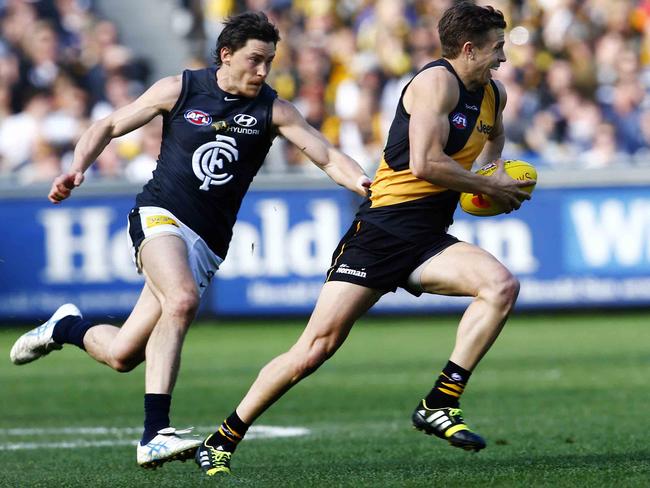 Duigan was given the unenviable task of chasing around Tigers’ gun Brett Deledio. Picture: Michael Klein