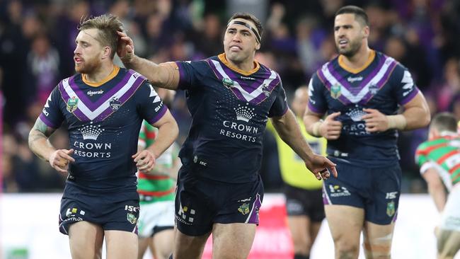 Cameron Munster celebrates during Storm’s thrilling win over the Rabbitohs. Picture: AAP