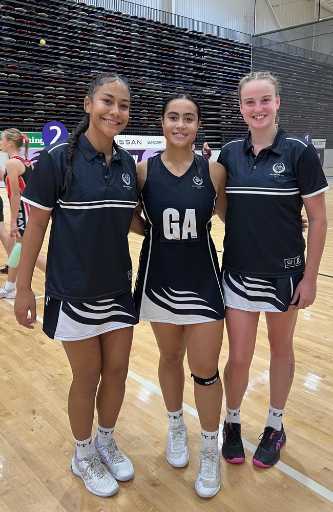 Queensland School Sport Netball 2023. L-R: Harmony Letoa, Eden Ah Toon, Charlotte Blain)