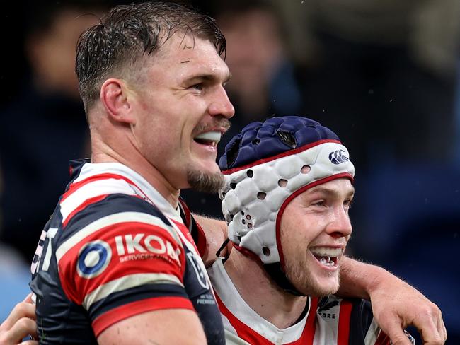 SYDNEY, AUSTRALIA - JUNE 30: Luke Keary of the Roosters celebrates with team mate Angus Crichton after scoring a try during the round 17 NRL match between Sydney Roosters and Wests Tigers at Allianz Stadium, on June 30, 2024, in Sydney, Australia. (Photo by Brendon Thorne/Getty Images)