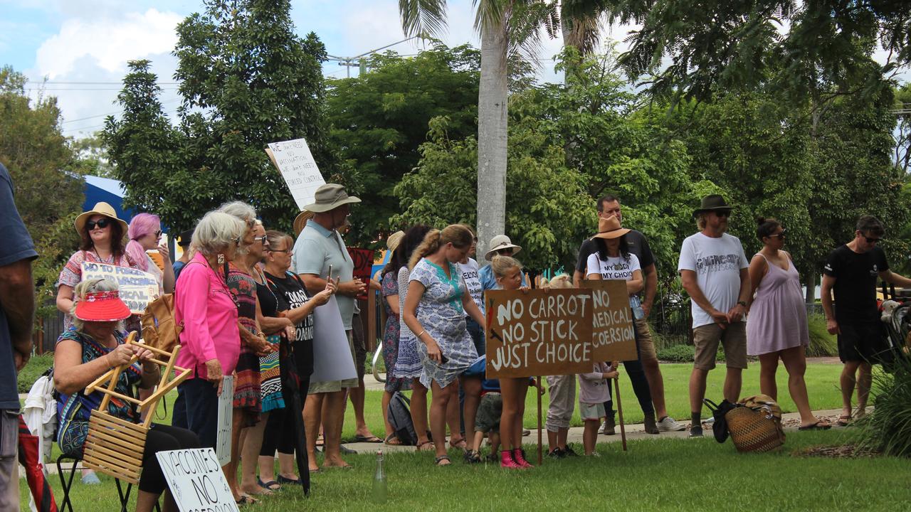 More than 150 people turned out for the Millions March Against Mandatory COVID-19 Vaccines in Coffs Harbour on Saturday February 20. Photo: Tim Jarrett