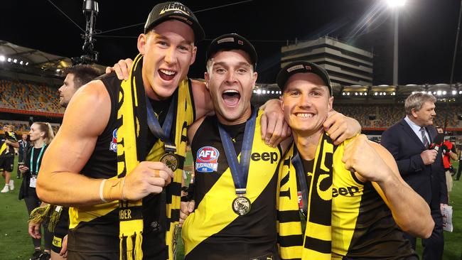 Tom Lynch, Jayden Short and Liam Baker celebrate the Tigers' third flag in four years.    Picture : Michael Klein