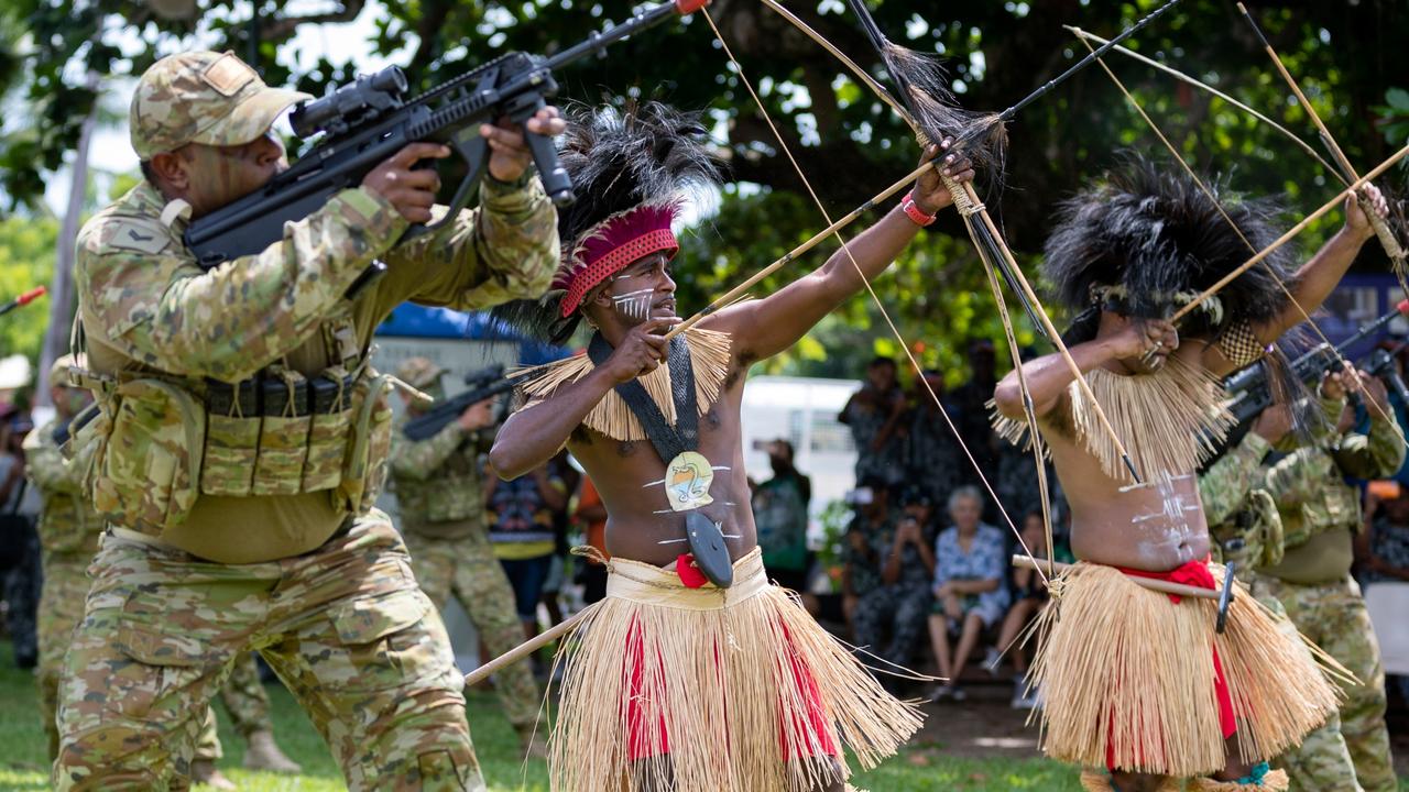 Australian Army soldiers from Sarpeye (Charlie) Company, 51 FNQR perform a traditional Torres Strait Island dance during the Torres Strait Island Light Infantry Battalion 80th anniversary ceremony held at Thursday Island, QLD. Picture: Supplied