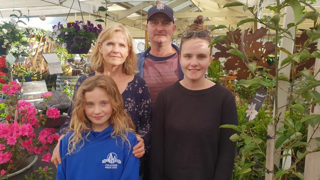 Karkoo Nursery owners Peter and Jane Rowat with daughters Imogen, 21, (right) and Isla, 12. Picture: Colin James