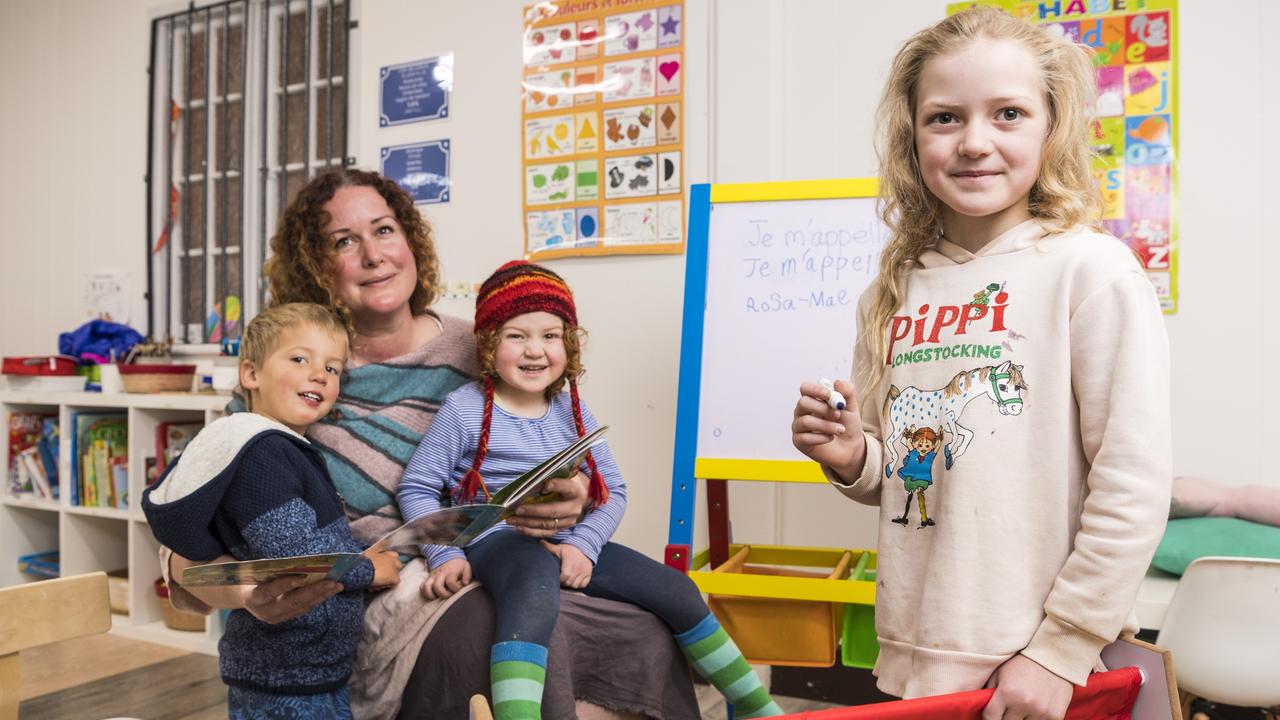 French immersion class teacher Josephine Birch with students (from left) Oliver Johnston, Florian Phillips and Rosa-Mae Phillips at Bonjour Toowoomba. Picture: Kevin Farmer