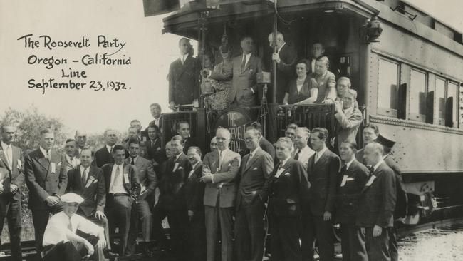 Franklin Roosevelt and his election entourage aboard his presidential train in 1932.