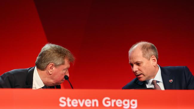 Westpac chairman Steven Gregg and CEO Peter King during the annual Westpac AGM in Brisbane. Picture: Tertius Pickard/NCA NewsWire