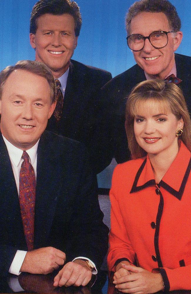 Sandra Sully, pictured with former colleagues Ron Wilson, Tim Webster and Brian Bury, as she celebrates 30 years with Network 10. Picture: Supplied