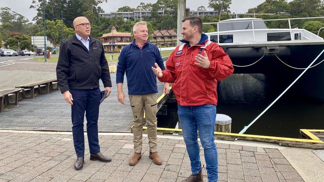 Federal opposition leader Peter Dutton, Premier Jeremy Rockliff and Salmon Tasmania CEO Luke Martin. Picture: Supplied.