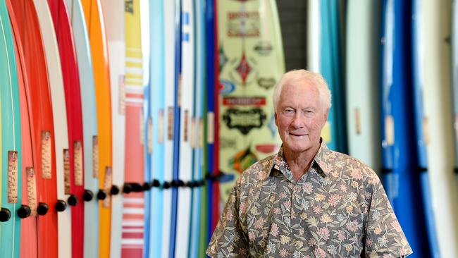 Barry Bennett in his surfboard showroom at Brookvale last year. The surfboard making pioneer needed emergency surgery this week after falling through a ceiling at the shop in Harbord Rd. File picture: Troy Snook