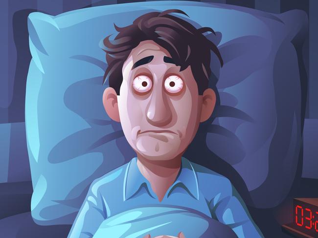 Vector illustration of a young man lying in his bed, trying to sleep. His eyes are wide open and he is looking desperate and frustrated. Concept for insomnia, sleep disorders, nightmares, psychic problems, loneliness and emotional stress.