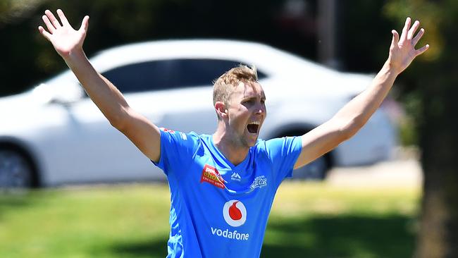 Billy Stanlake of the Strikers appeals for LBW and gets the wicket of Ashton Turner the practice match at Karen Rolton Oval. Picture: Mark Brake/AAP