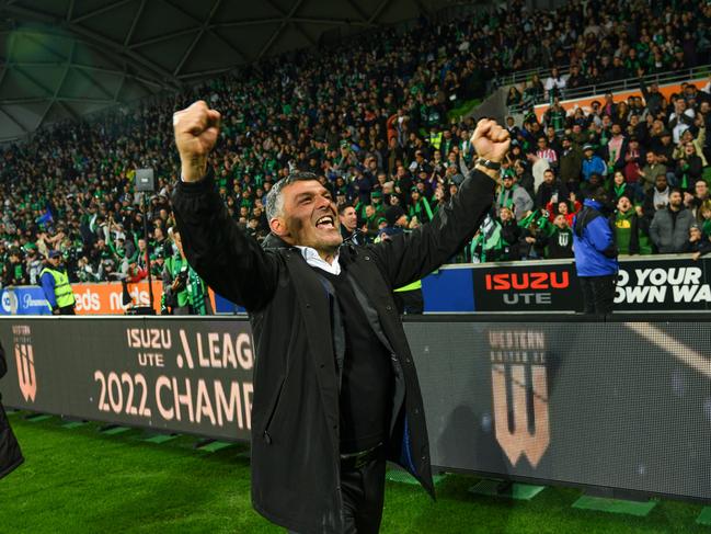 Western United coach John Aloisi celebrates his side’s A-League grand final win last season. Picture: Vince Caligiuri/Getty Images