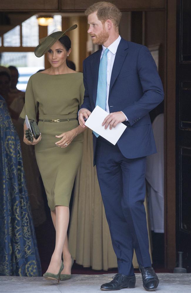 Prince Harry and Meghan, Duchess of Sussex attend the christening of their nephew. Picture: Dominic Lipinski via AP