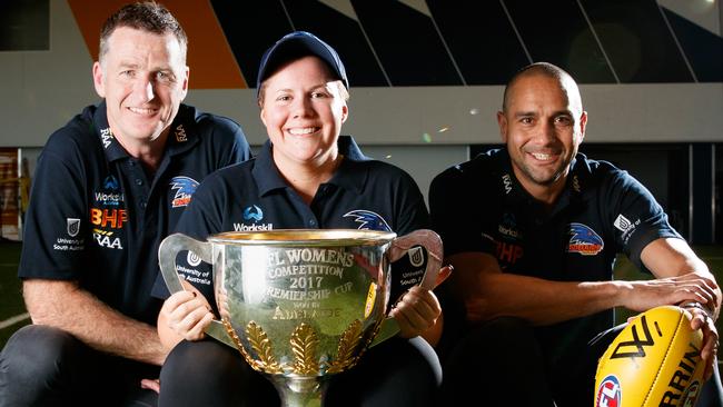 Crows AFLW head coach Bec Goddard with new assistants Peter Caven and Andrew McLeod.