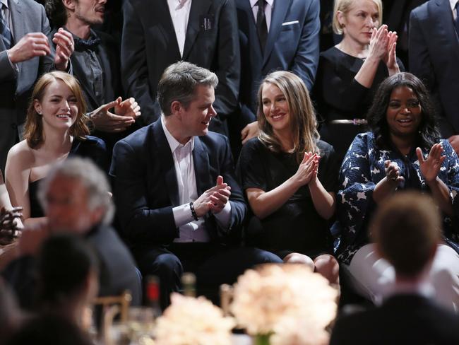 Damon, who is nominated for Best Picture as a producer of Manchester By the Sea, at the Academy Awards Nominees Luncheon on February 6 with acting nominees (from left) Emma Stone, Natalie Portman and Octavia Spencer. Picture: Danny Moloshok / Invision / AP