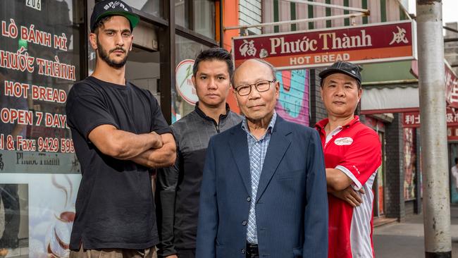 Victoria St traders say the supervised injection room has attracted more dealers and users, making the area a virtual no-go zone for visitors, diners and shoppers. Andrew Akathiotis from Volume 2 Cafe (0407900311), Danny Lee from Pho Dzung Tan Dinh, former president of Victoria Street traders association Toan Pham from Thanh Nga Video (0413664789) and Danny Nguyen from Phouc Thanh Bakery (0402367929). Picture: Jake Nowakowski