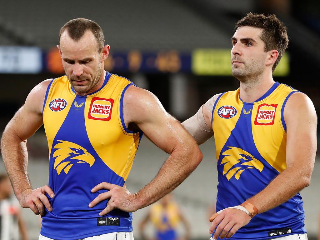 Hurn (L) is the only man in AFL history to play 300 games for West Coast. (Photo by Michael Willson/AFL Photos via Getty Images)