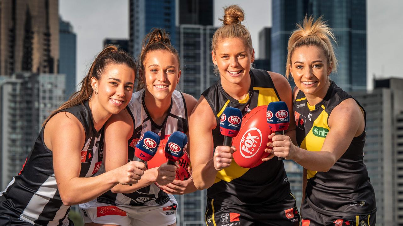 Collingwood’s Chloe Molloy and Ruby Schleicher, and Richmond’s Katie Brennan and Sarah Hosking. Picture: Tony Gough.