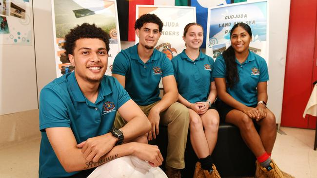 Gudjuda Land and Sea Rangers, Keanu Henaway, Xavier Hellyer, Sanije Krasniqi and Jairel Martin-Savage at the First Nations Youth Expo. Picture: Shae Beplate.